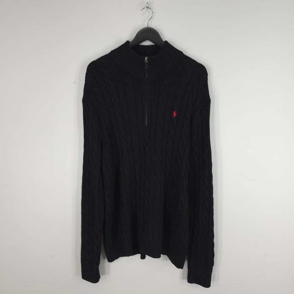 Polo Ralph Lauren Sweater Mens 2XL Black 1/4 Zip Mock Neck Cable Knit Cotton